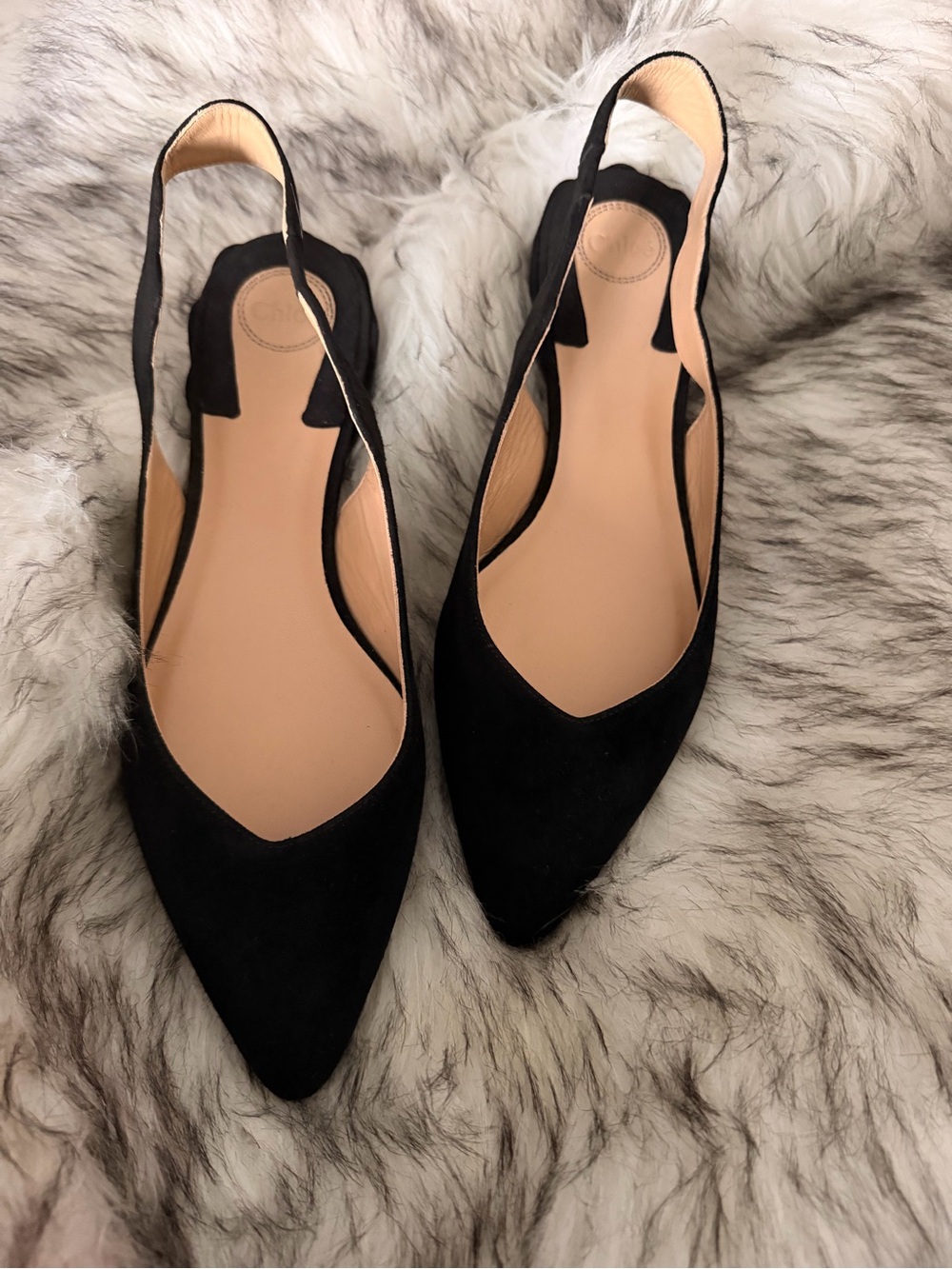 Chloé Black Suede Scalloped Slingback Flats